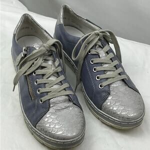 Remonte Women’s 39 (US 8) Blue Silver Lace-Up Leather Slip-On Casual Sneakers